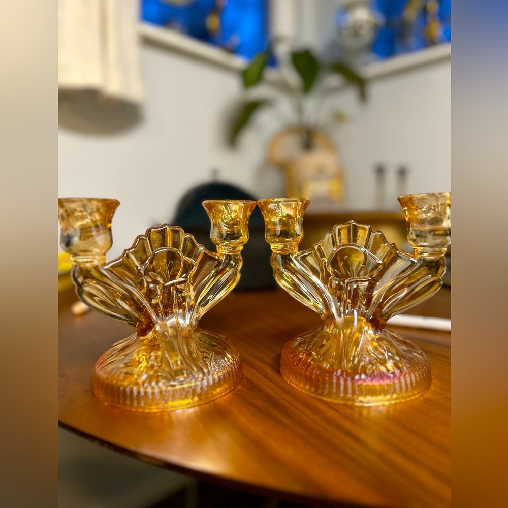 Carnival glass candle holders
